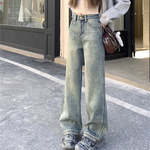 Thickened and velvet high-waisted wide-leg jeans for women in winter loose and drapey slim floor-length trousers