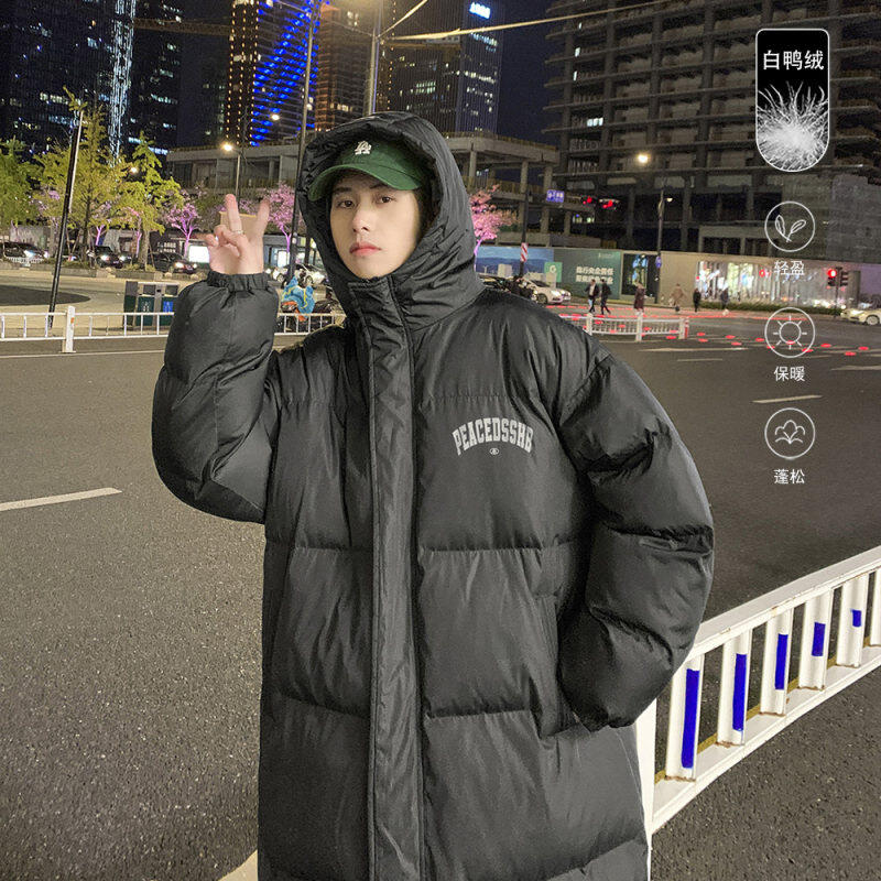 Hong Kong style night scene mid-length letter print casual hooded thickened down jacket