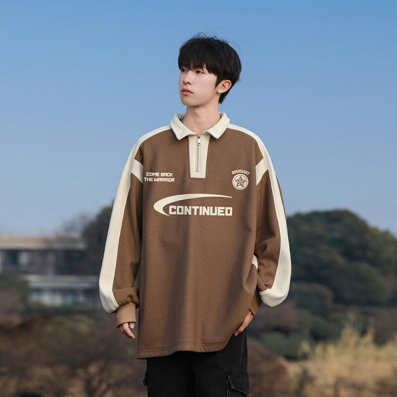 New Hong Kong style mountain style letter print waffle lapel sweatshirt