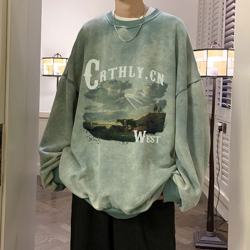 Heavy Autumn and Winter Distressed Washed Loose American Printed Loose Casual Sweatshirt