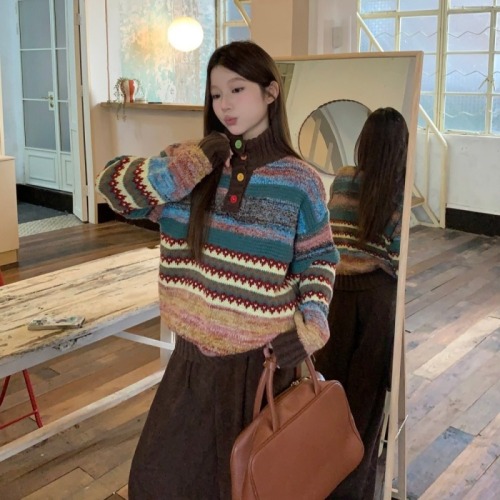 Special floral yarn retro color lapel loose pullover sweater + loose corduroy wide-leg pants two-piece set