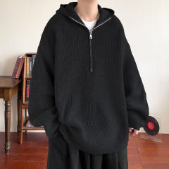 Korean half-zip sweater men's slit loose pullover hooded sweater lazy casual woolen jacket