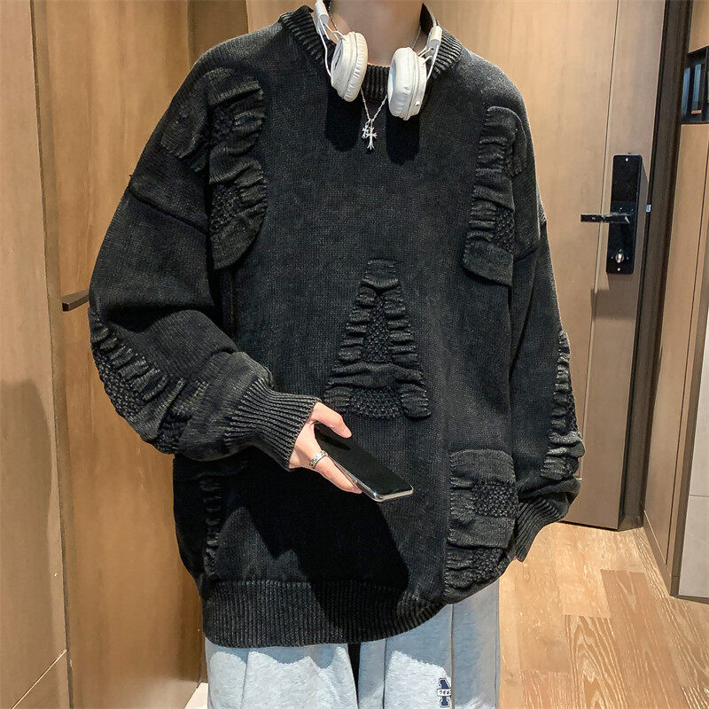 Autumn and winter Hong Kong style high quality craft washed sweaters men's large size loose knitted sweaters coats and sweaters
