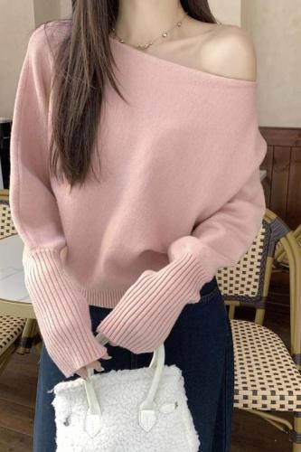 Autumn and winter Korean style one-line off-shoulder lantern sleeve Andy velvet sweater bottoming long-sleeved sweater