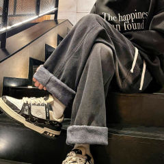 Drawstring straight washed jeans plus fleece black