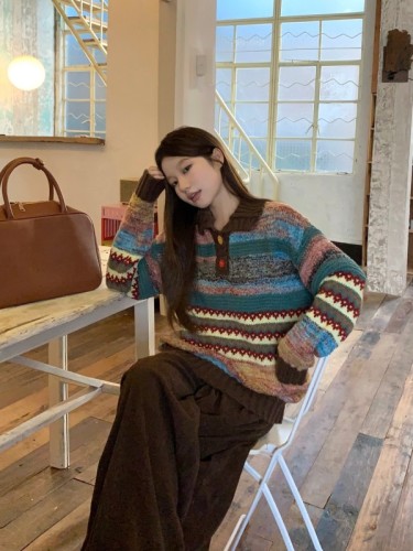 Special floral yarn retro color lapel loose pullover sweater + loose corduroy wide-leg pants two-piece set