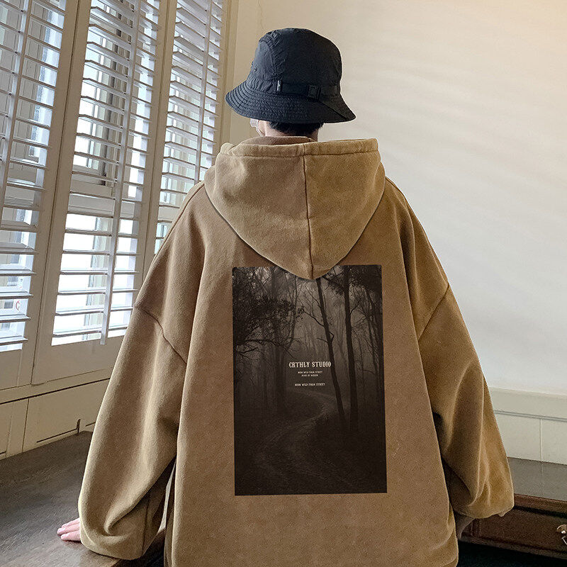 Velvet washed distressed loose hooded sweatshirt