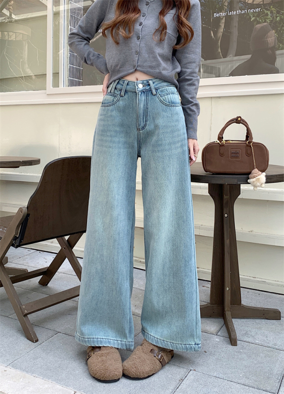 Autumn and winter velvet thickened jeans for women high waist loose versatile straight wide leg trousers