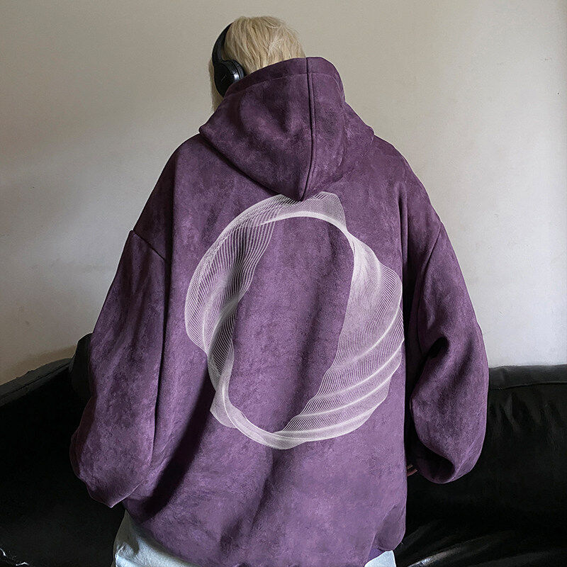 Heavy American style large size suede hooded sweatshirt for men casual loose tops