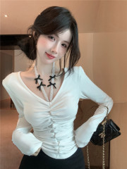 Temperament slim pleated V-neck lace halterneck bow long-sleeved bottoming T-shirt top