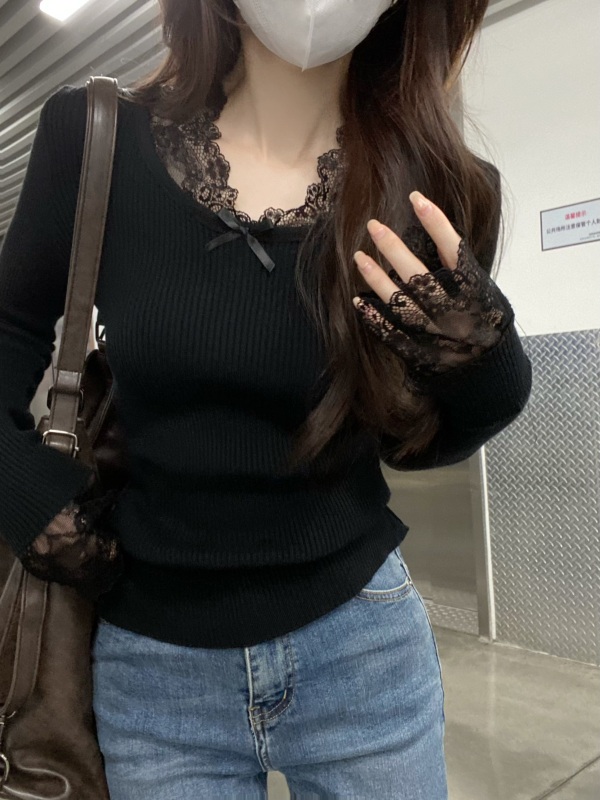 Hot girl pure desire sexy lace spliced ​​long-sleeved short elastic slim fit inner top