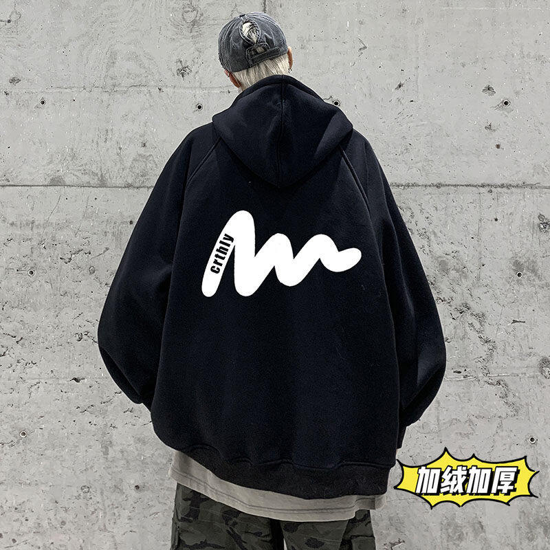Live broadcast plus velvet and thickened trendy brand American high street hooded printed sweatshirt jacket