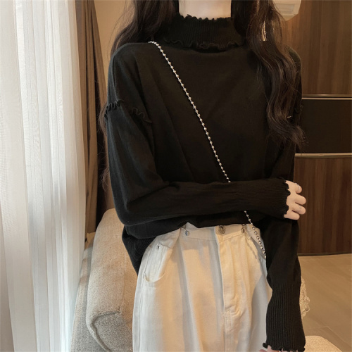 White fungus edge half turtleneck knitted bottoming shirt for women autumn and winter coat inner layer sweater long sleeve black style