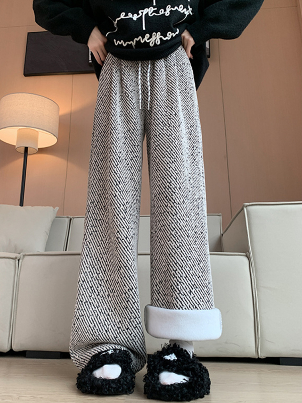 Woolen twill wide-leg pants for women 2024 autumn and winter new high-waist slim wide-leg pants plus velvet casual straight pants