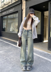 Thickened and velvet high-waisted wide-leg jeans for women in winter loose and drapey slim floor-length trousers