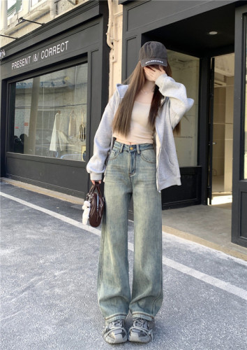 Thickened and velvet high-waisted wide-leg jeans for women in winter loose and drapey slim floor-length trousers