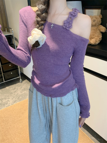 Three-dimensional flower purple off-shoulder long-sleeved sweater for women autumn and winter slim sweater versatile top