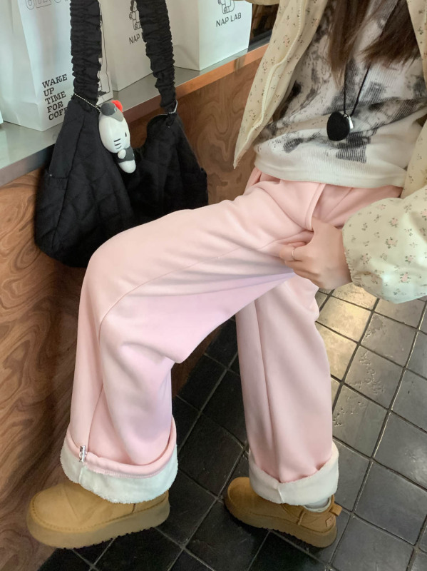 New thickened sherpa casual sweatpants, high-waisted, versatile, two-wear wide-leg pants with leggings