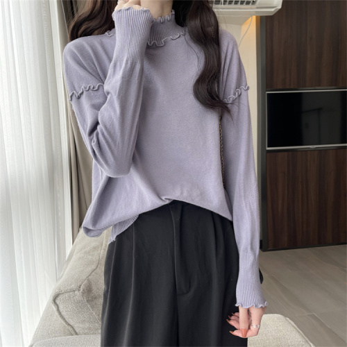 White fungus edge half turtleneck knitted bottoming shirt for women autumn and winter coat inner layer sweater long sleeve black style