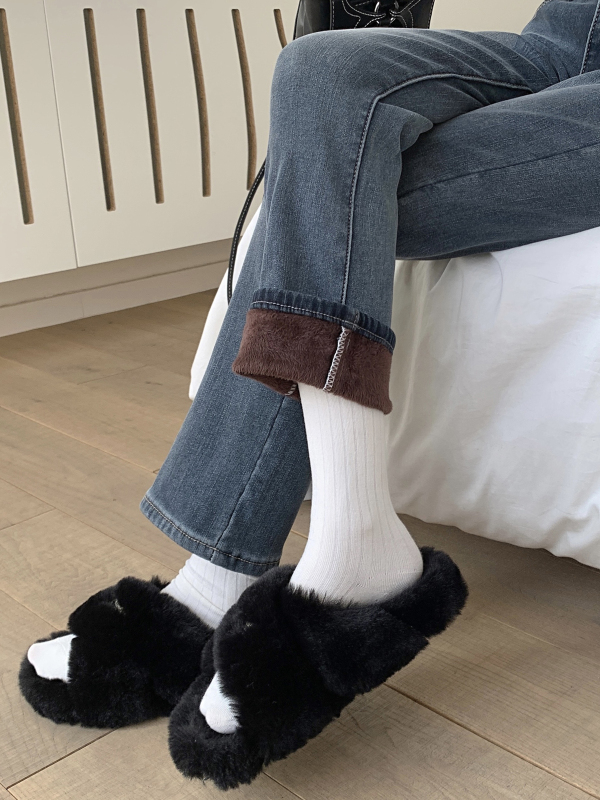 Thickened velvet stretch jeans for women, high-waisted, slim, straight, retro, simple, nine-point cigarette pants, trendy