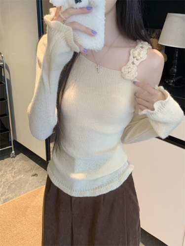 Three-dimensional flower purple off-shoulder long-sleeved sweater for women autumn and winter slim sweater versatile top