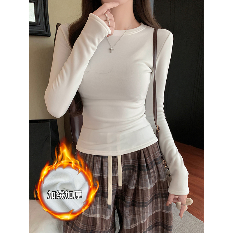 Ready stock ~ Velvet thickened bottoming shirt, warm long-sleeved T-shirt, women's slimming pullover, round neck solid color top