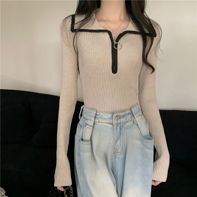 American lapel half-zip sweater for women autumn 2024 new outer wear high-end slim and chic long-sleeved sweater
