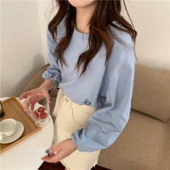 Early autumn 6-color round neck loose and slim lantern sleeve T-shirt top