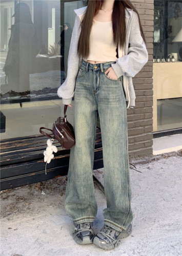 Thickened and velvet high-waisted wide-leg jeans for women in winter loose and drapey slim floor-length trousers