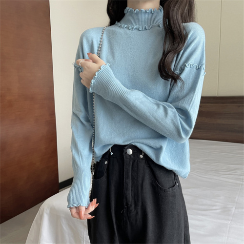 White fungus edge half turtleneck knitted bottoming shirt for women autumn and winter coat inner layer sweater long sleeve black style