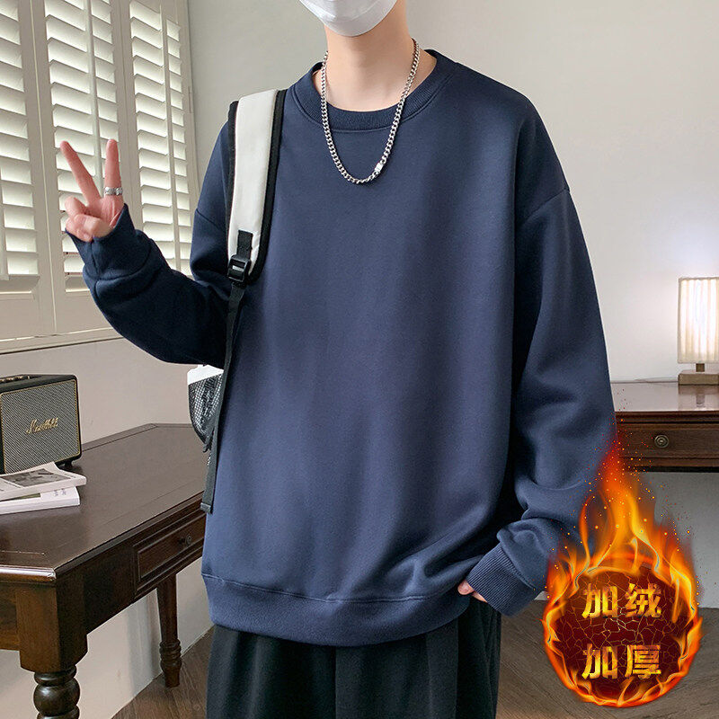 New winter trendy long-sleeved Hong Kong style plus velvet solid color round neck sweatshirt Korean style wide version bottoming for teenagers