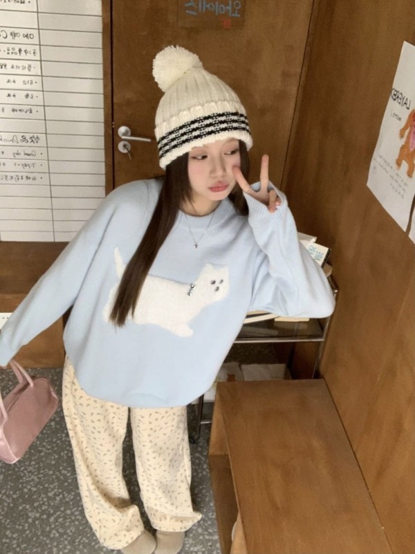 All three standards, fun navy blue milk jacquard puppy soft waxy round neck sweater for women