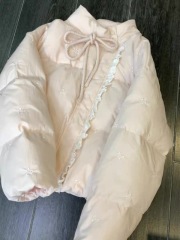 Lace splicing cotton coat for women 2024 new winter Korean style high-end pink bow tie cotton coat