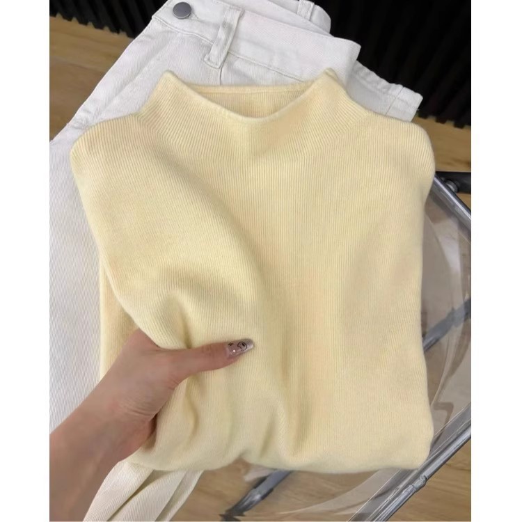Autumn and winter half turtleneck miu soft waxy knitted sweater long-sleeved bottoming shirt for women plus velvet and thickened loose inner top