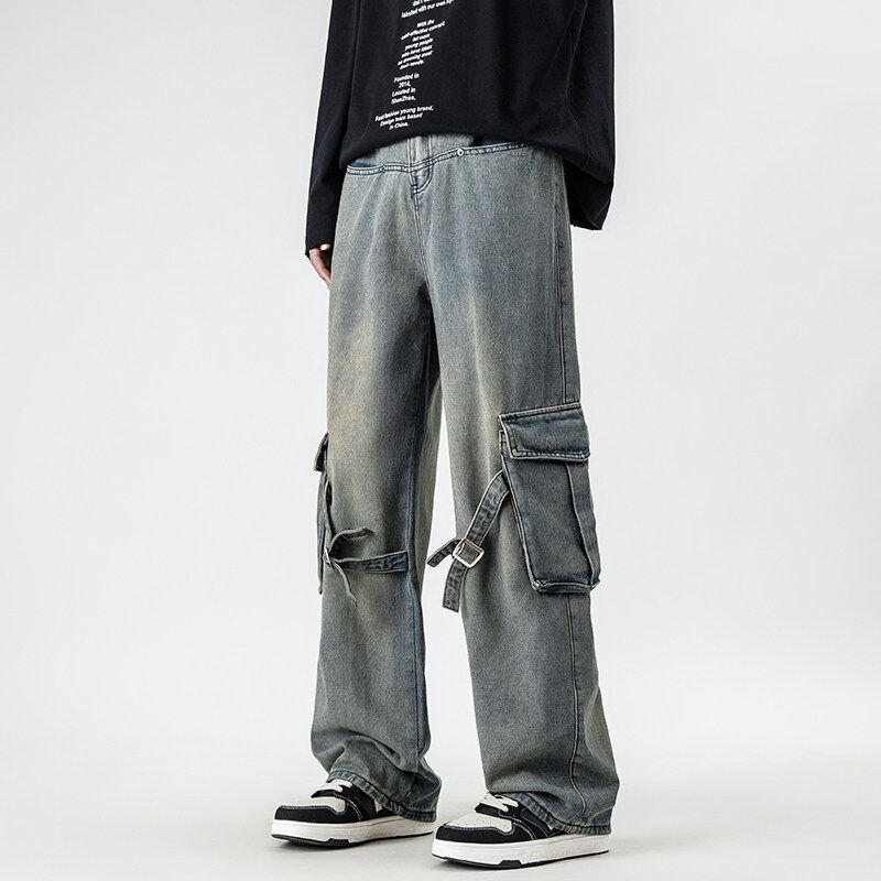 Washed jeans, American straight-leg pants, striped design wide-leg overalls for men