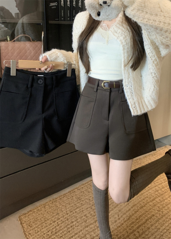 Wool shorts 2024 autumn and winter new style A-line culottes high-waisted wide-leg pants with belt