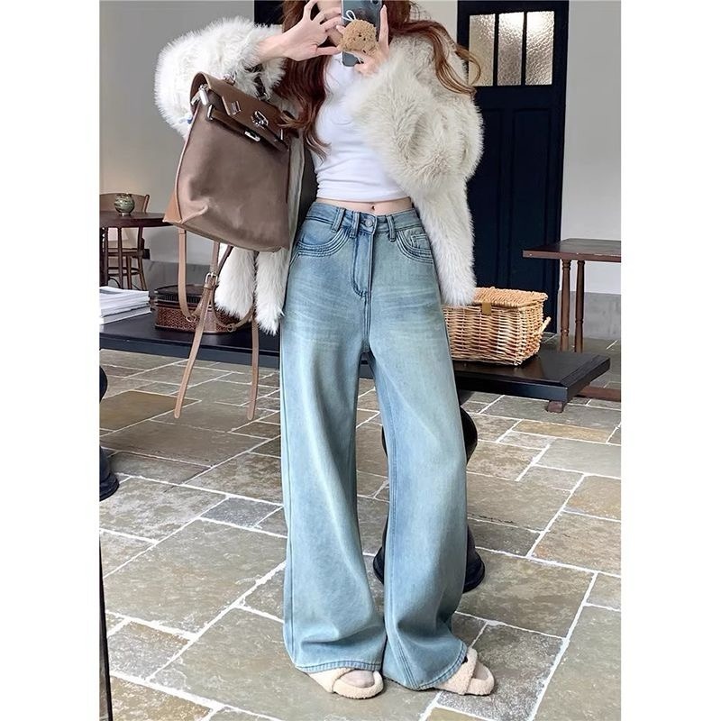 2025 Spring New Retro Denim Wide Leg Pants Women's Design High Waist Straight Floor-Mopping Pants