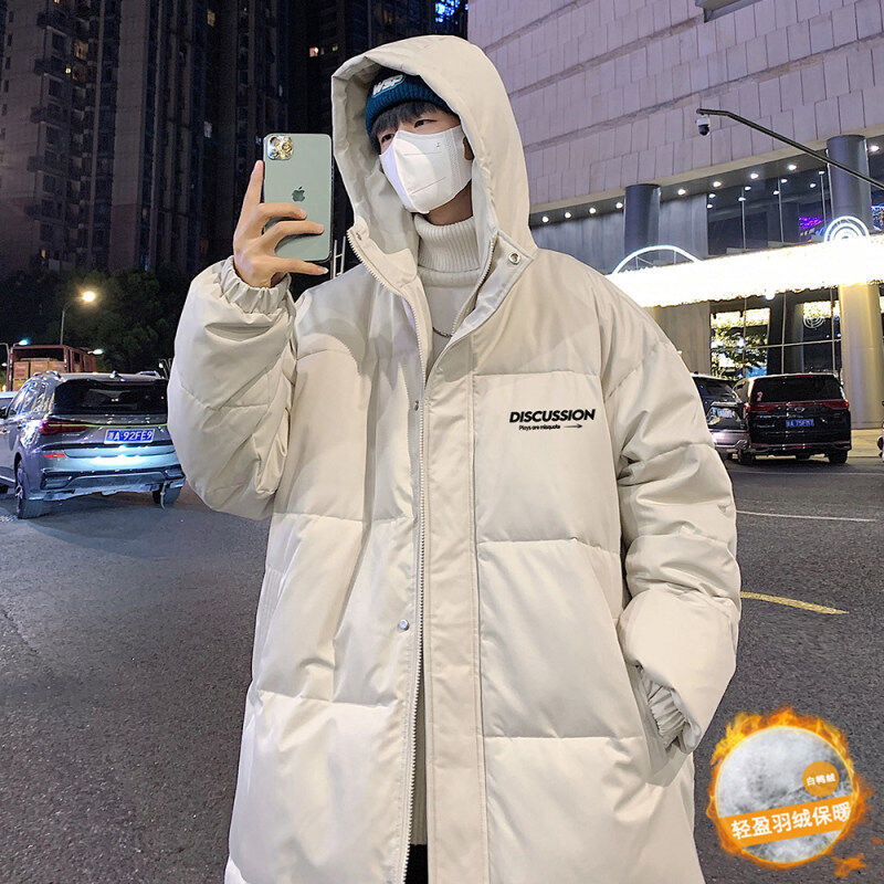 Hong Kong style night view fashionable hooded letter print mid-length down jacket