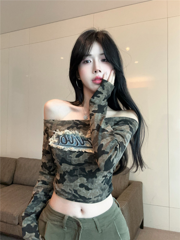 American hot girl short camouflage denim patch shoulder slim sweet cool long-sleeved T-shirt trendy top