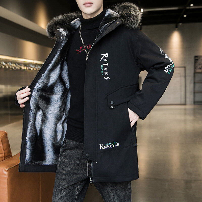 Men's parka mid-length cotton coat plus velvet thickening windbreaker hooded jacket