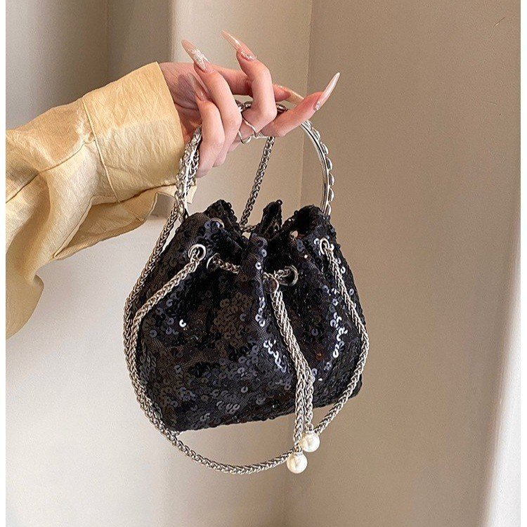 Fashionable personalized sequined bag for women, new Korean style bucket bag, stylish shoulder bag, trendy crossbody evening bag