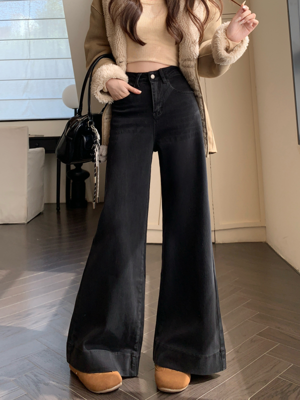 New straight-leg denim trousers for women, black floor-length design, loose wide-leg pants