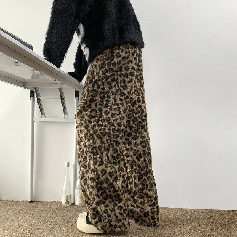 Retro street distressed lamb velvet leopard print straight wide leg pants casual pants for men and women couples the same style