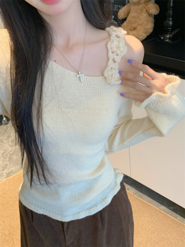 Three-dimensional flower purple off-shoulder long-sleeved sweater for women autumn and winter slim sweater versatile top