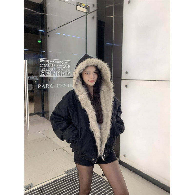 American mountain carving fur collar plus velvet thickened cotton jacket winter cleanfit work jacket