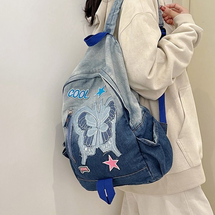 Denim large-capacity Korean style casual bag 2024 junior high school students and high school students versatile ins outing backpack disassembly