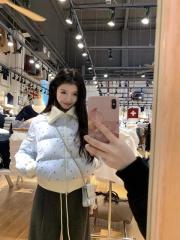 Korean style color block printed lapel design cotton coat for women 2024 winter new hot style trendy lazy style versatile cotton coat trend