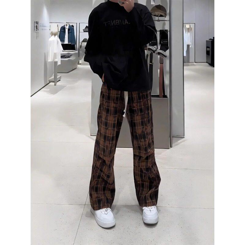 American retro contrasting plaid pants, wide-leg pants, niche high-end casual pants