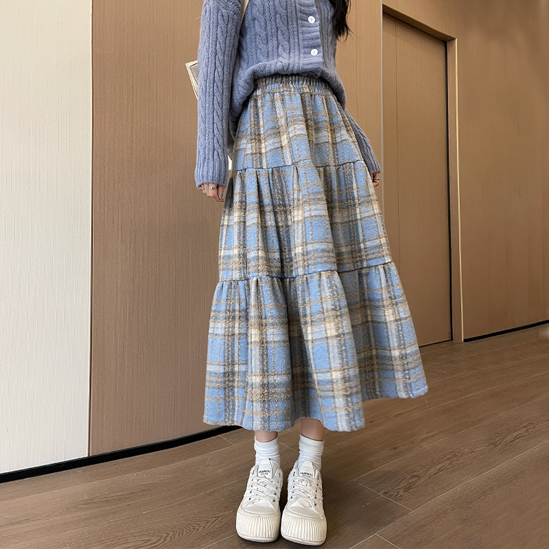Colorful autumn and winter Christmas red woolen plaid slimming high-waisted versatile cake skirt mid-length skirt umbrella skirt for women