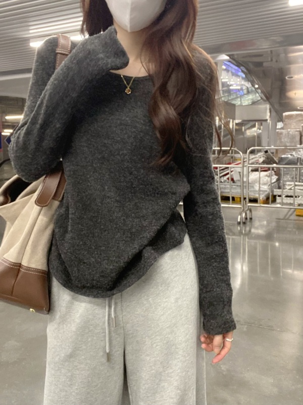 Soft/plush striped knitted bottoming shirt casual loose plus velvet thickened long-sleeved T-shirt